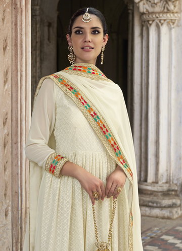 Pure Georgette Embroidery Work White Color Anarkali Salwar Suit